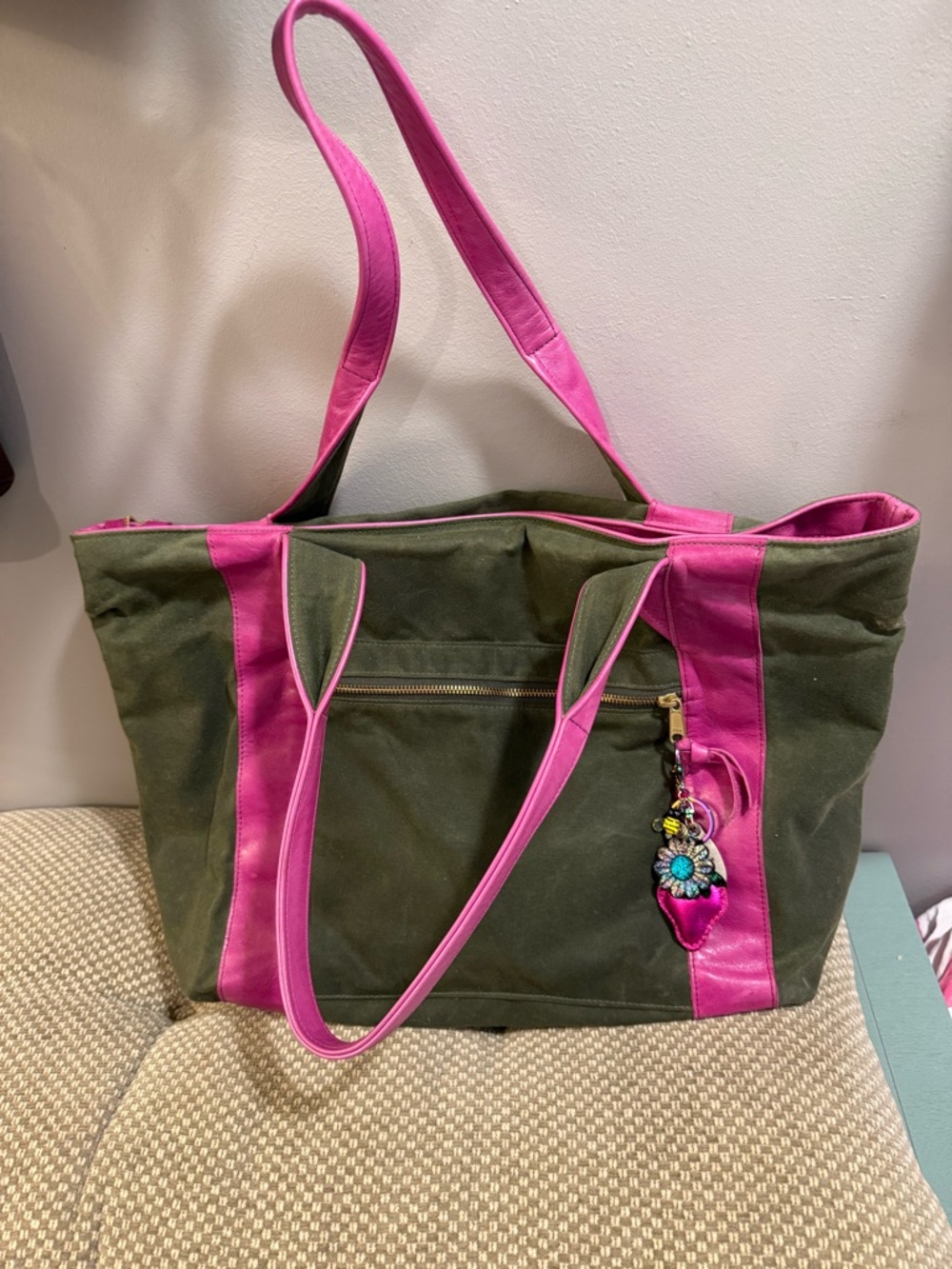 Olive Green Tote with Pink Trim and Dual Shoulder Straps